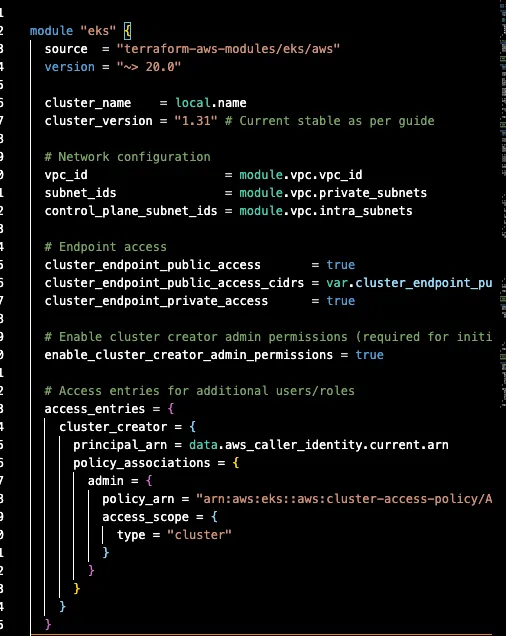 Terraform infrastructure setup showing EKS cluster creation