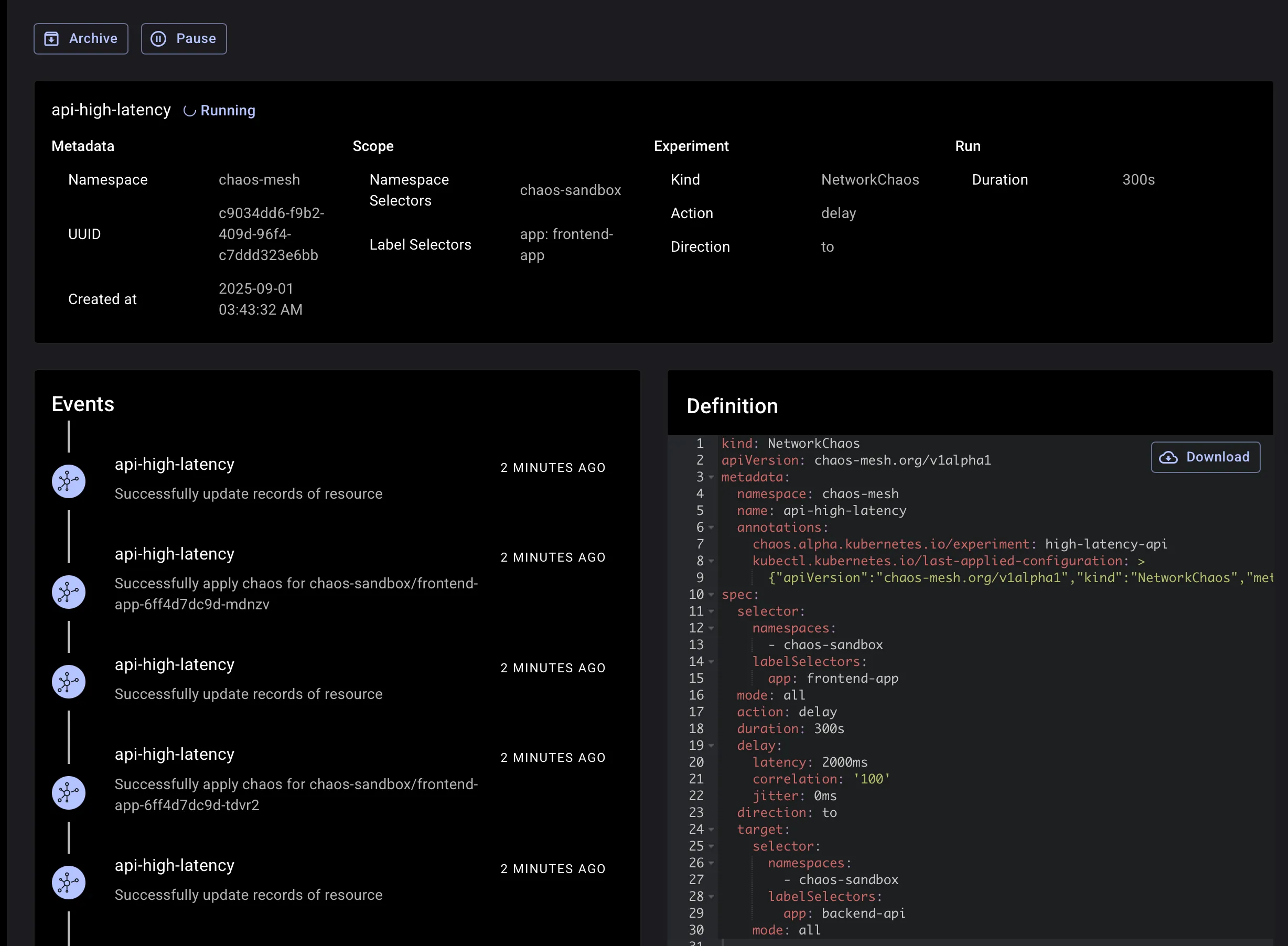 Dashboard view of network latency experiment in progress