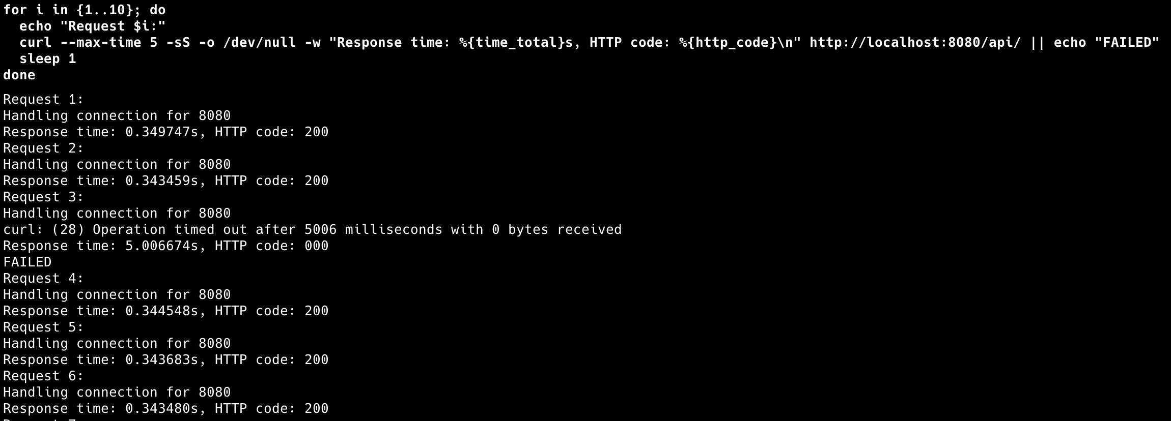 Normal API responses before packet loss injection