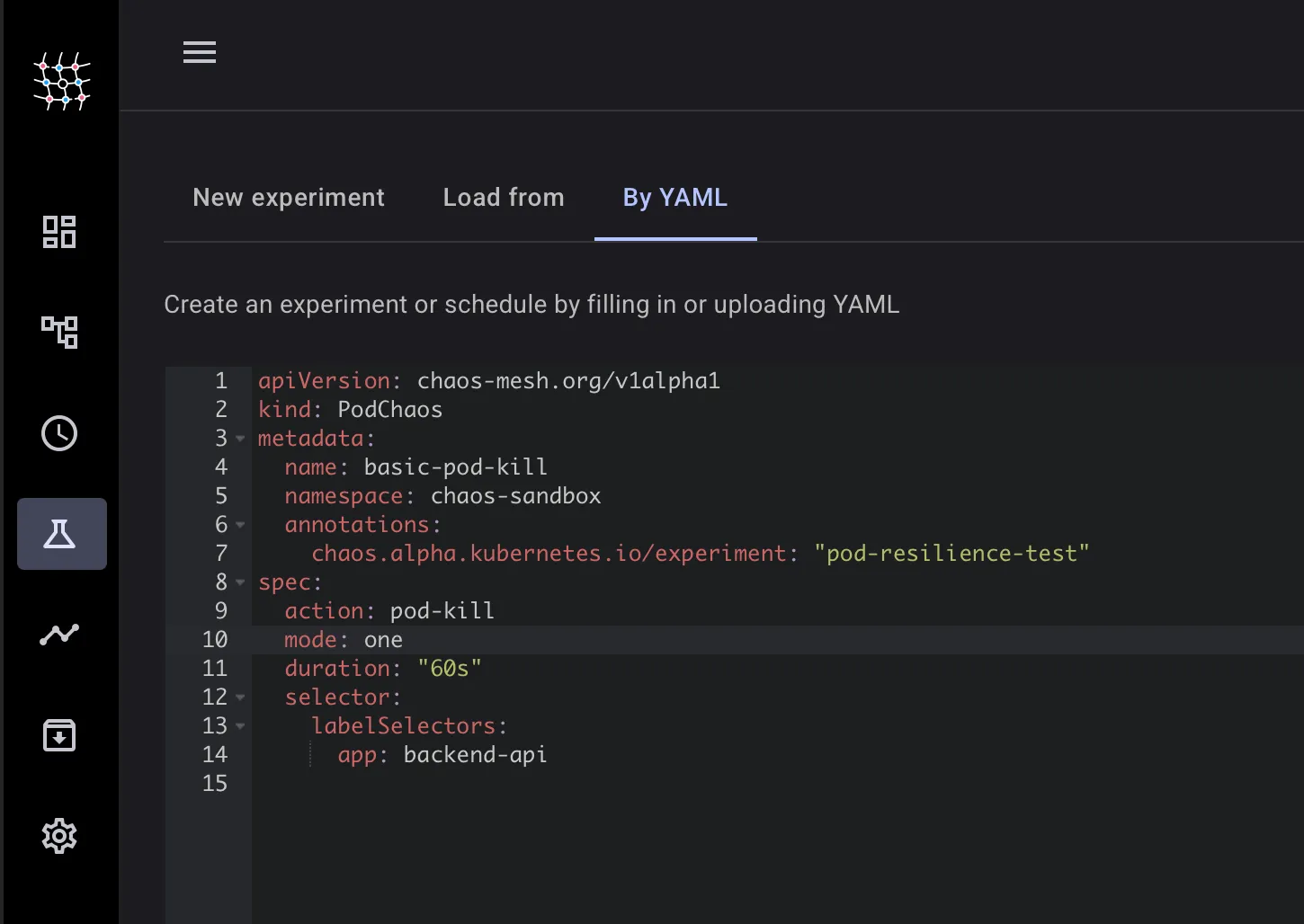 Chaos Mesh dashboard experiment creation interface