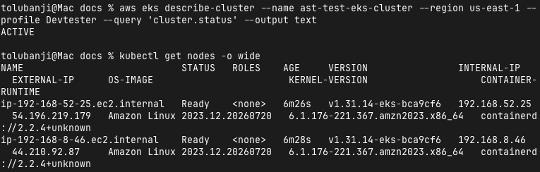 EKS cluster ast-test-eks-cluster ACTIVE with both managed nodes Ready