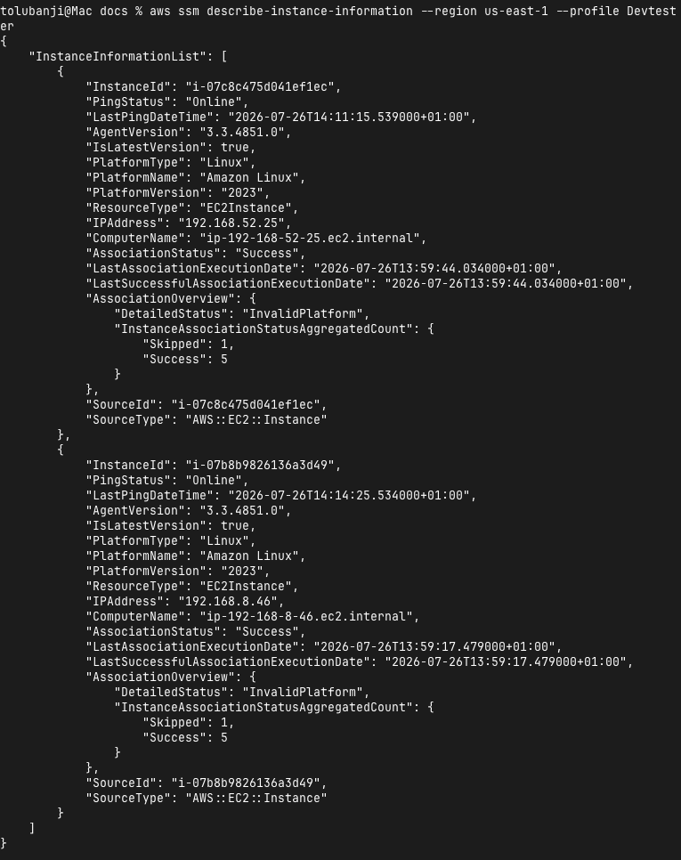 Both worker nodes confirmed Online in Systems Manager, the actual prerequisite for Inspector's host-based scanning