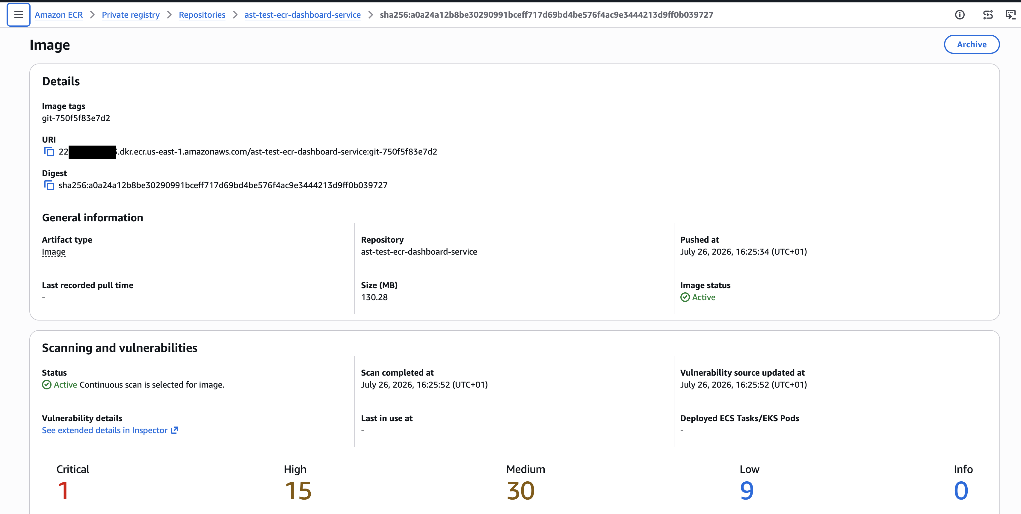 The pushed image tag visible in ECR with its Inspector scan status
