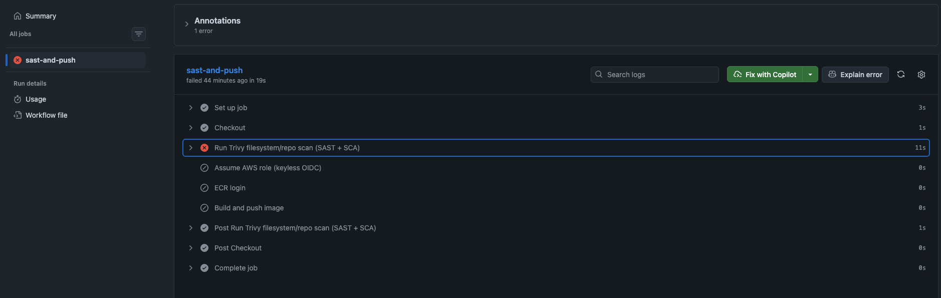 First gate run failing on 35 Trivy findings, six CRITICAL, before AWS auth or the image build ever ran