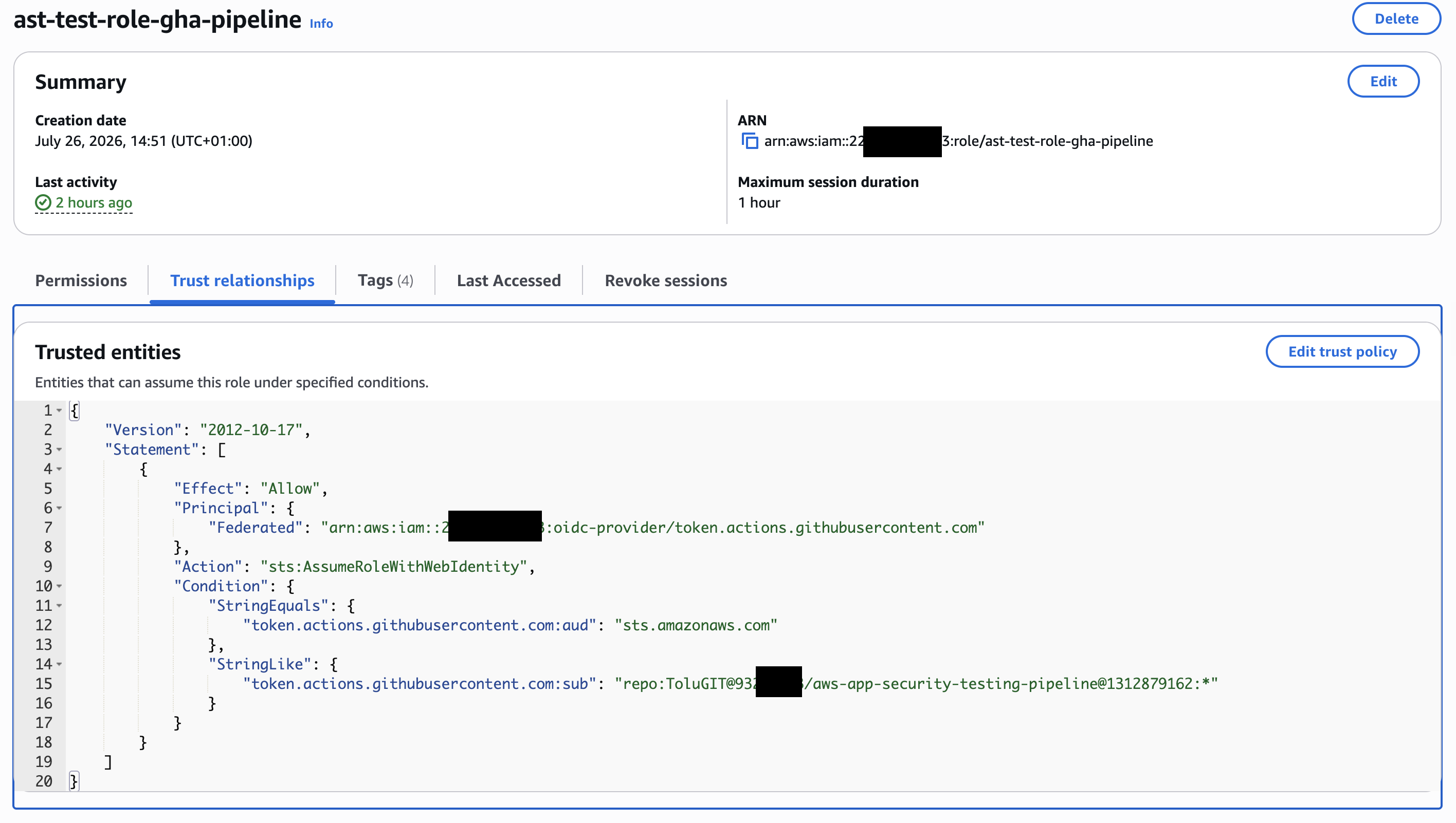 IAM role trust policy scoped to the exact GitHub OIDC sub claim, immutable account and repo IDs included