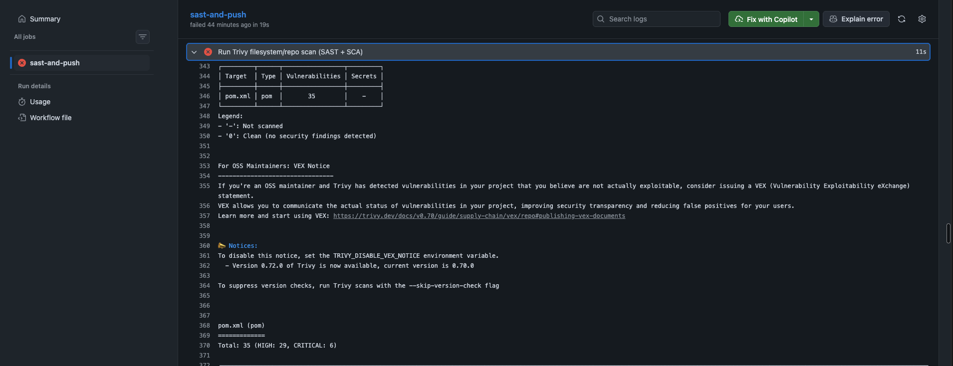 Trivy's findings table: package, CVE, severity, and fixed version for each of the 35