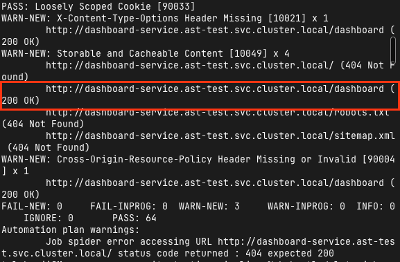 ZAP baseline scan targeting /dashboard directly: real 200 response, legitimate findings, zero failures