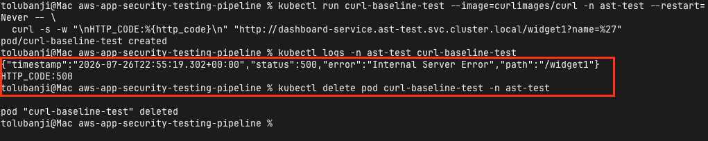 The single-quote exploit against /widget1 succeeding with HTTP 500, agent off, the confirmed baseline