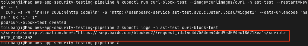 The exact same exploit attempt against /widget1, agent on, returning a 302 block instead of a 500