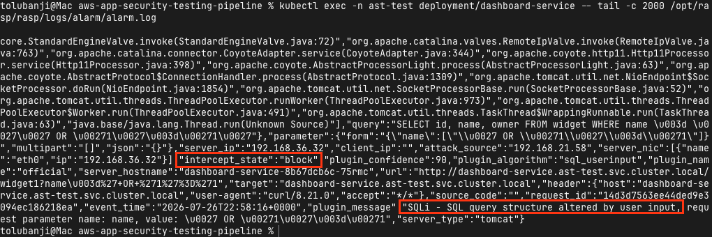 OpenRASP's alarm log showing intercept_state: block for the SQL injection payload, 90% confidence