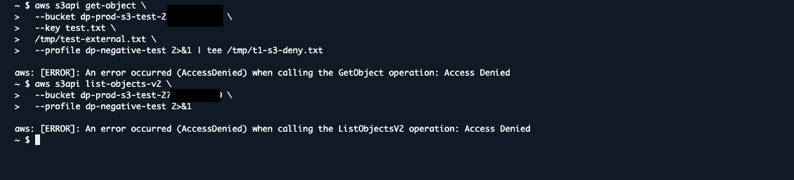 T1: generic AccessDenied from S3 with no policy attribution, expected for external callers