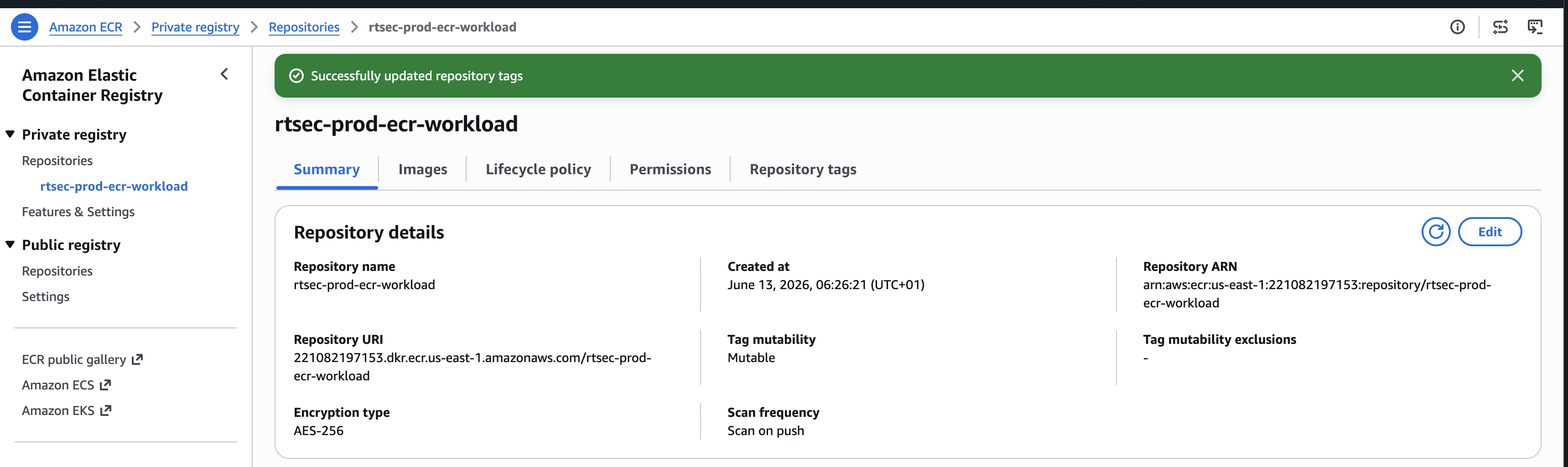 ECR repository rtsec-prod-ecr-workload with scan-on-push enabled