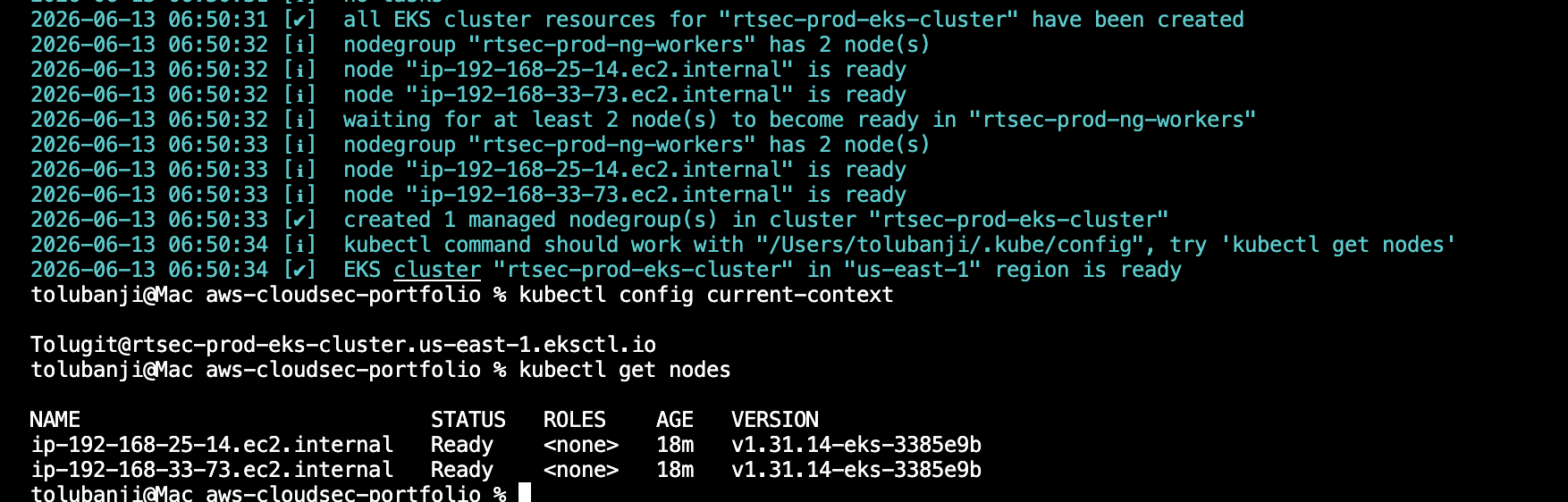 eksctl cluster creation succeeded and kubectl shows two Ready nodes on v1.31