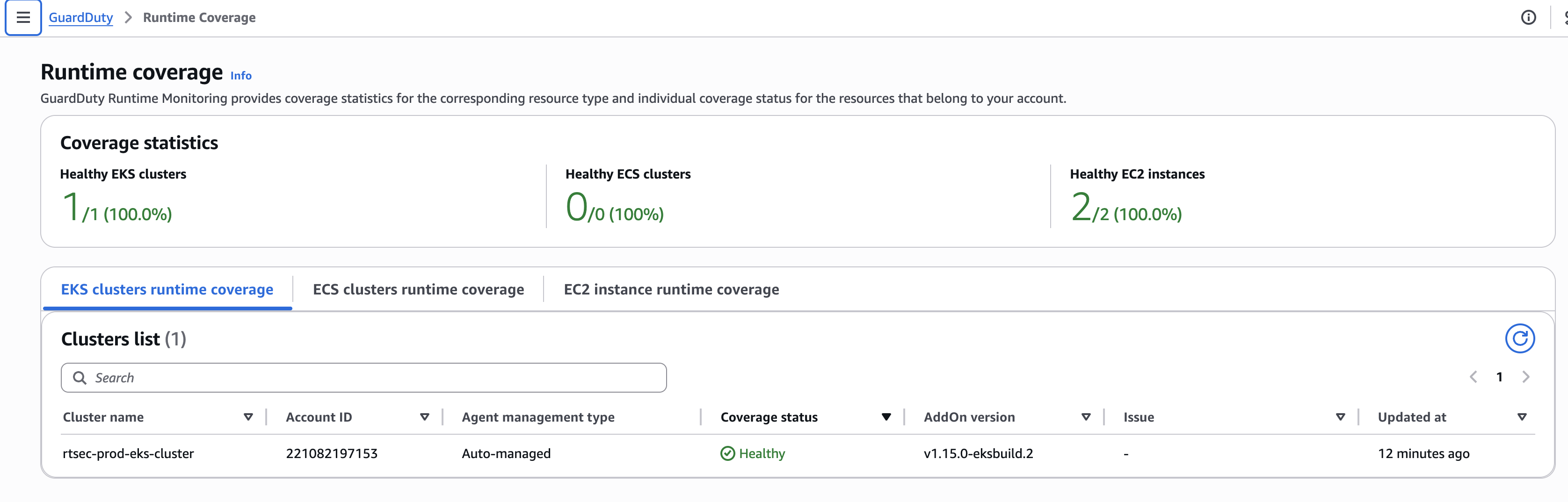 GuardDuty runtime coverage showing rtsec-prod-eks-cluster healthy and auto-managed agent enabled