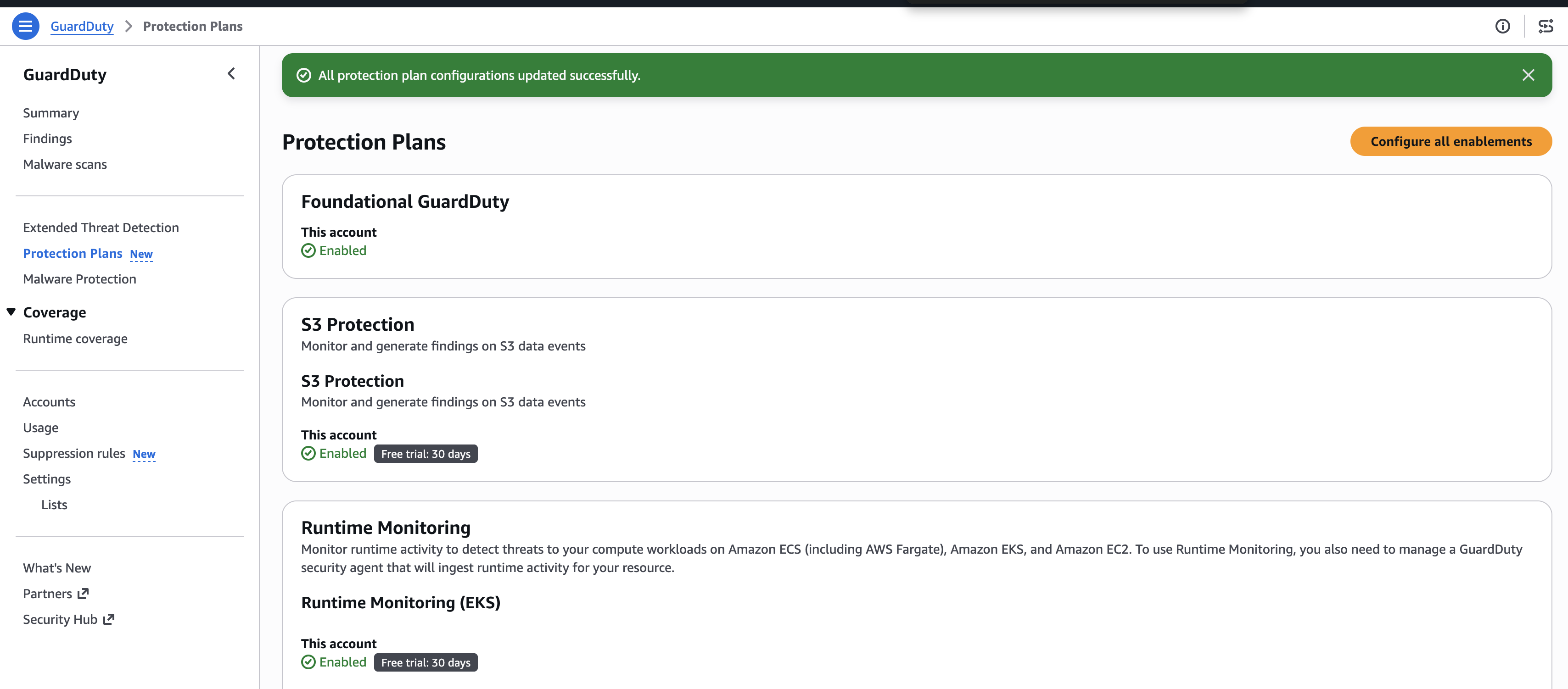 GuardDuty protection plans with runtime monitoring enabled