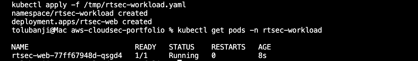 rtsec-web workload pod running in rtsec-workload namespace
