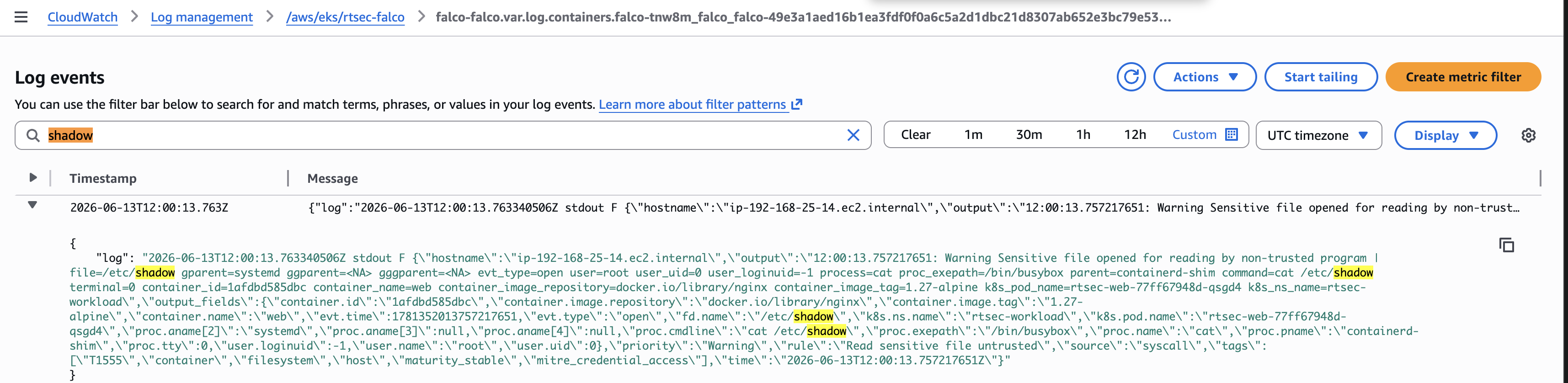 CloudWatch Logs Insights showing Falco alert for sensitive file access on /etc/shadow correlated with the Tetragon kill event
