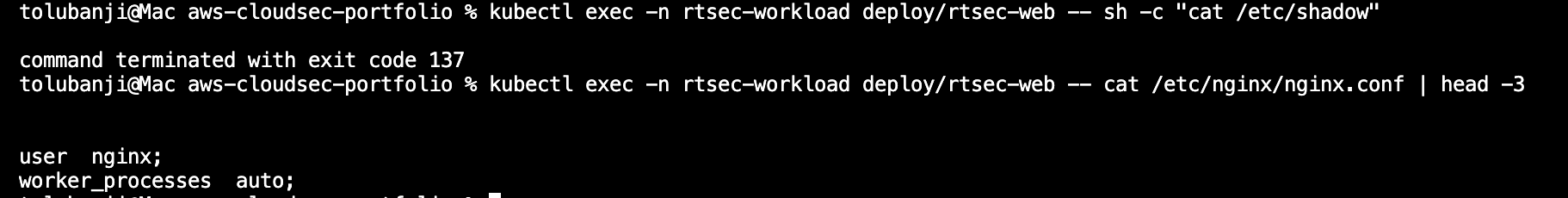 Terminal showing cat /etc/shadow returning exit 137, while cat /etc/nginx/nginx.conf returns content normally
