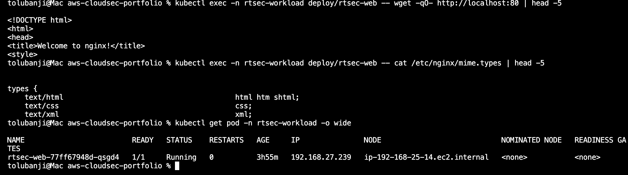 Workload remains healthy under both policies: nginx serves traffic, pod Running with 0 restarts