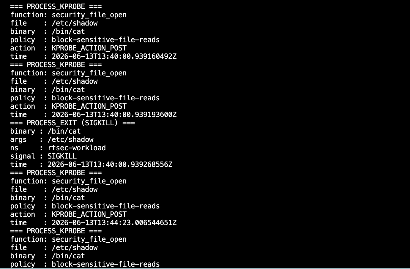 tetra tracingpolicy list: both policies enabled, MODE=enforce, NENFORCE=6 and NENFORCE=4