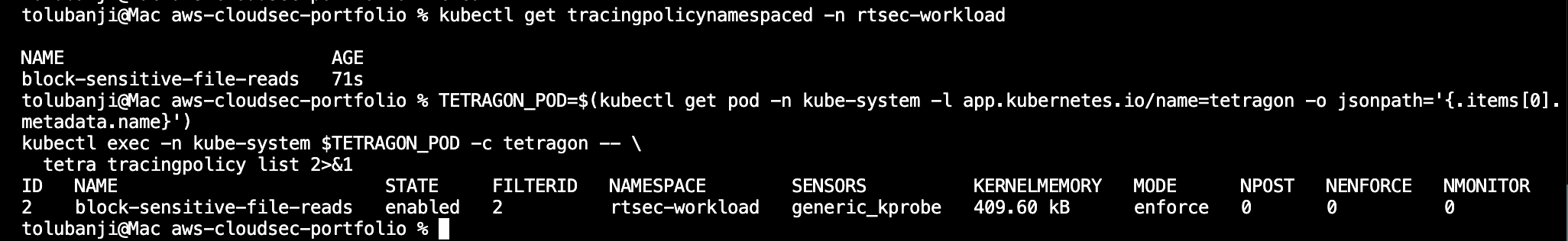 block-sensitive-file-reads TracingPolicy applied and showing enabled in enforce mode