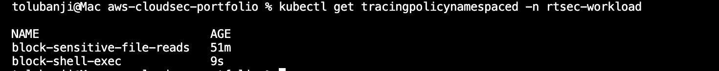 Both TracingPolicies listed in rtsec-workload: block-sensitive-file-reads and block-shell-exec