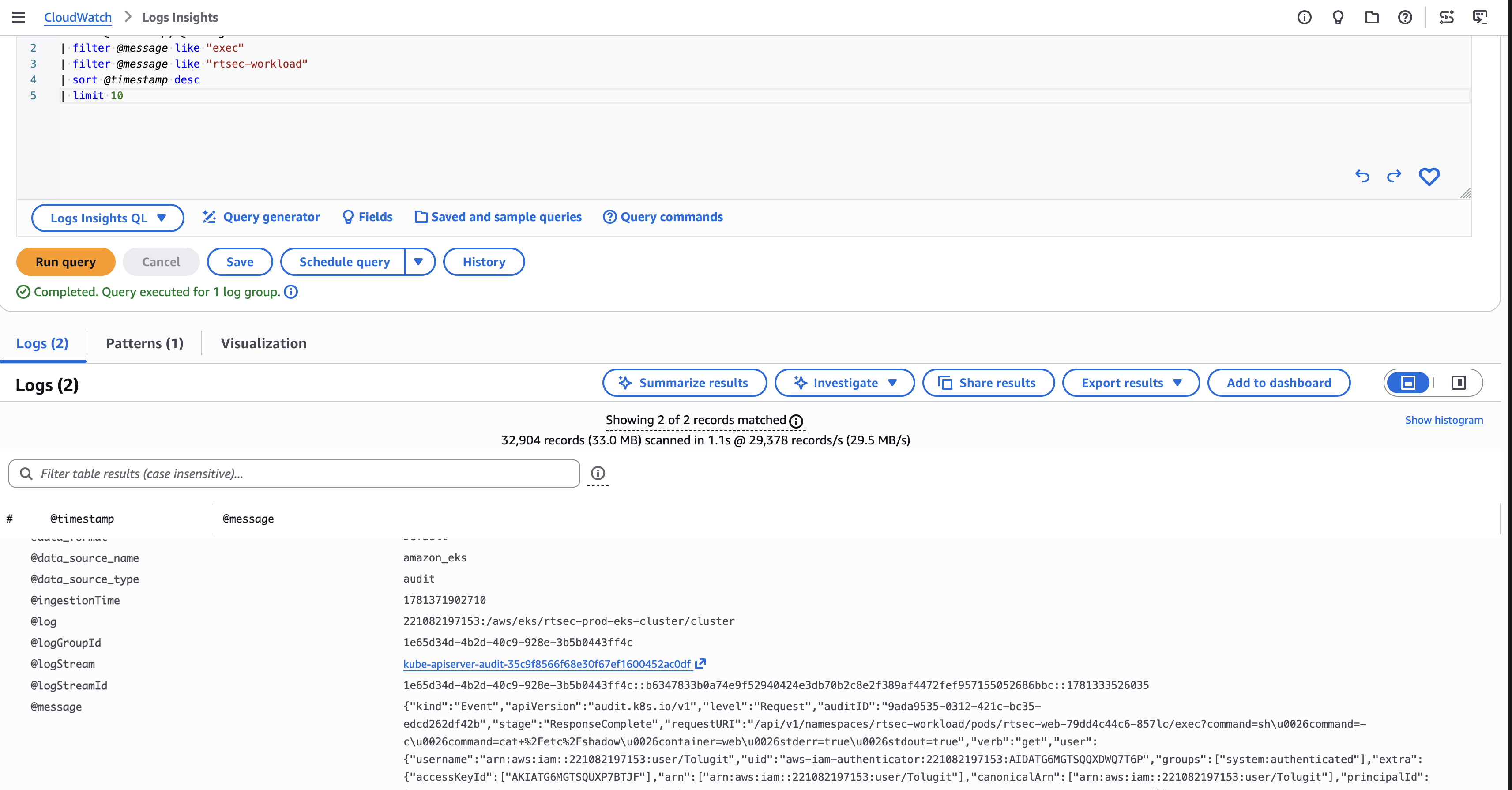 CloudWatch Logs Insights showing Kubernetes exec audit events for rtsec-workload from Phase 3 test runs