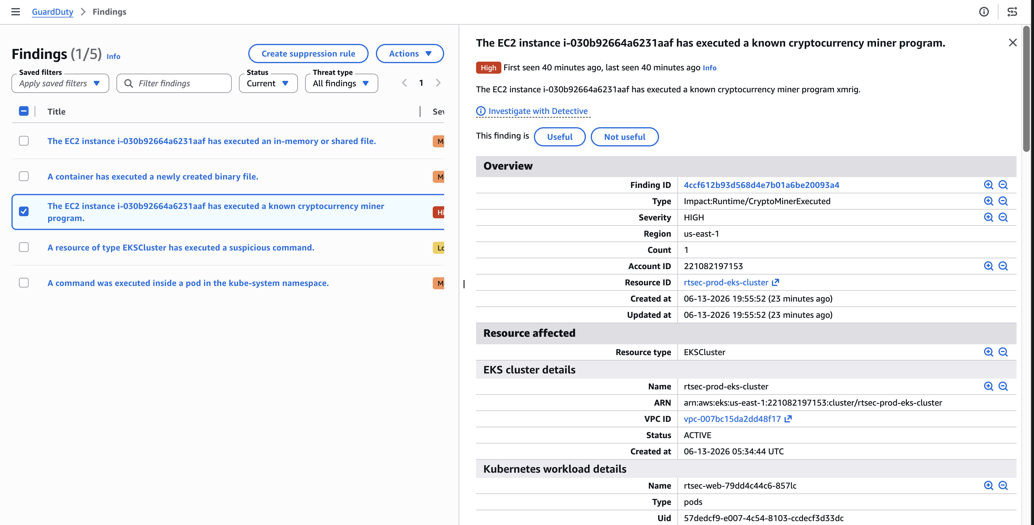 GuardDuty CryptoMinerExecuted finding detail: Impact:Runtime/CryptoMinerExecuted High severity, showing EKS cluster ARN, workload rtsec-web, and pod UID