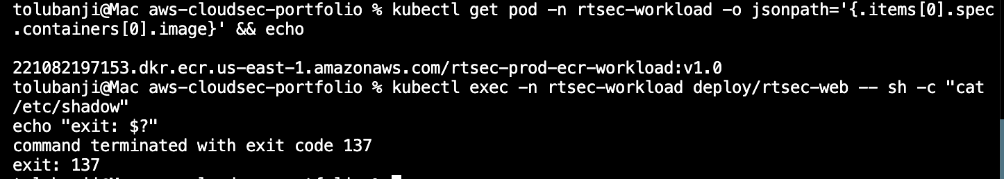 Workload pod image confirmed as ECR URI and sensitive file read still blocked with exit 137