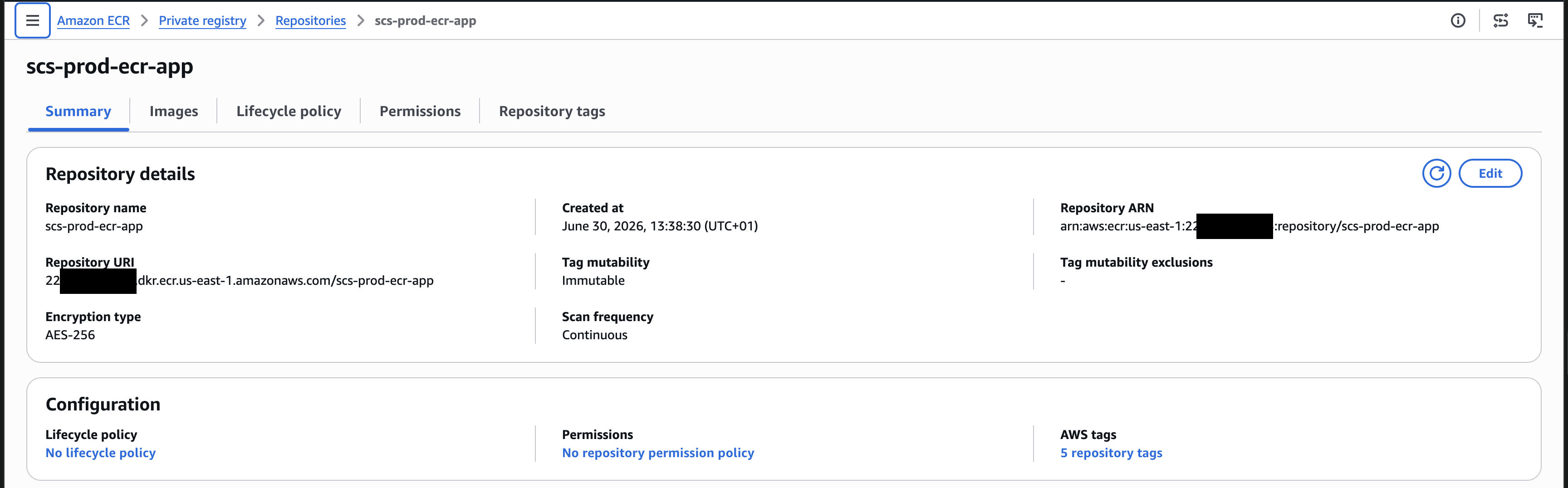 ECR repository scs-prod-ecr-app showing immutable tags and continuous scan-on-push