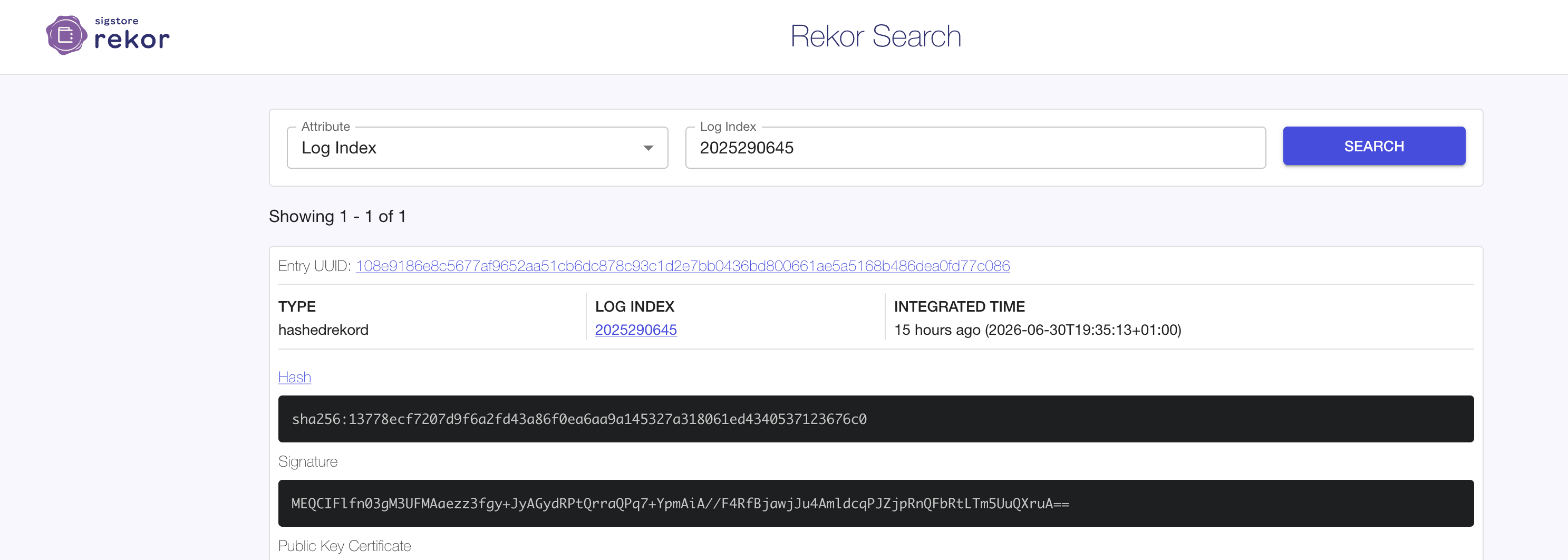 Rekor transparency log entry for the signature, queried by log index