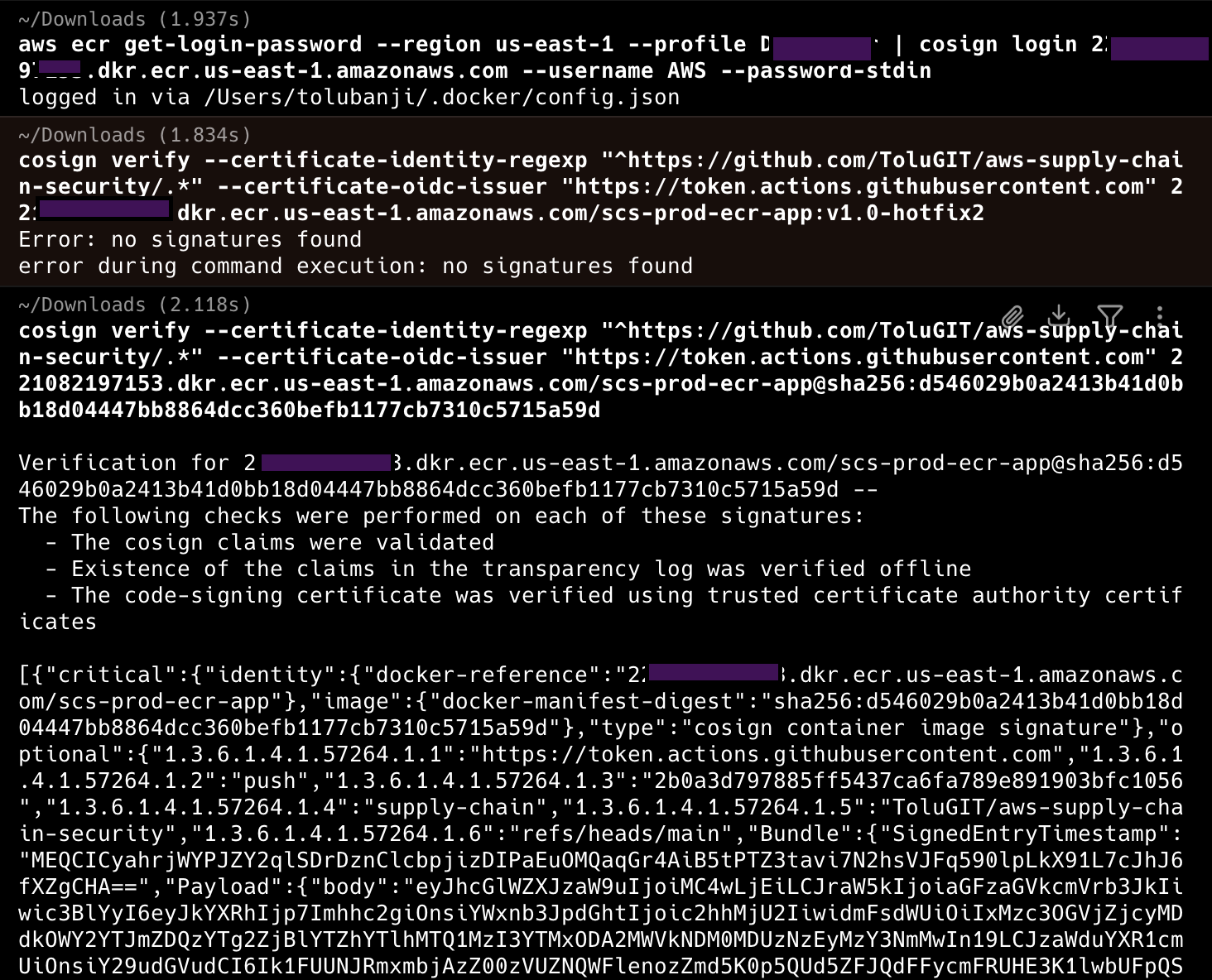 cosign verify returning "no signatures found" on the tampered tag, then passing on the genuine signed digest