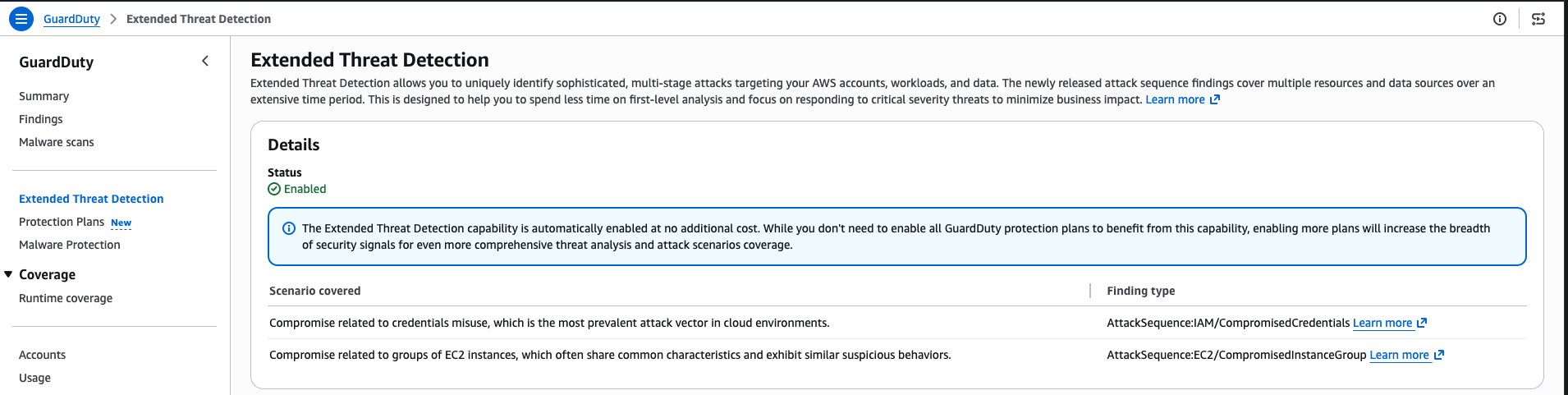 GuardDuty Extended Threat Detection feature page showing enabled status and attack sequence coverage scenarios