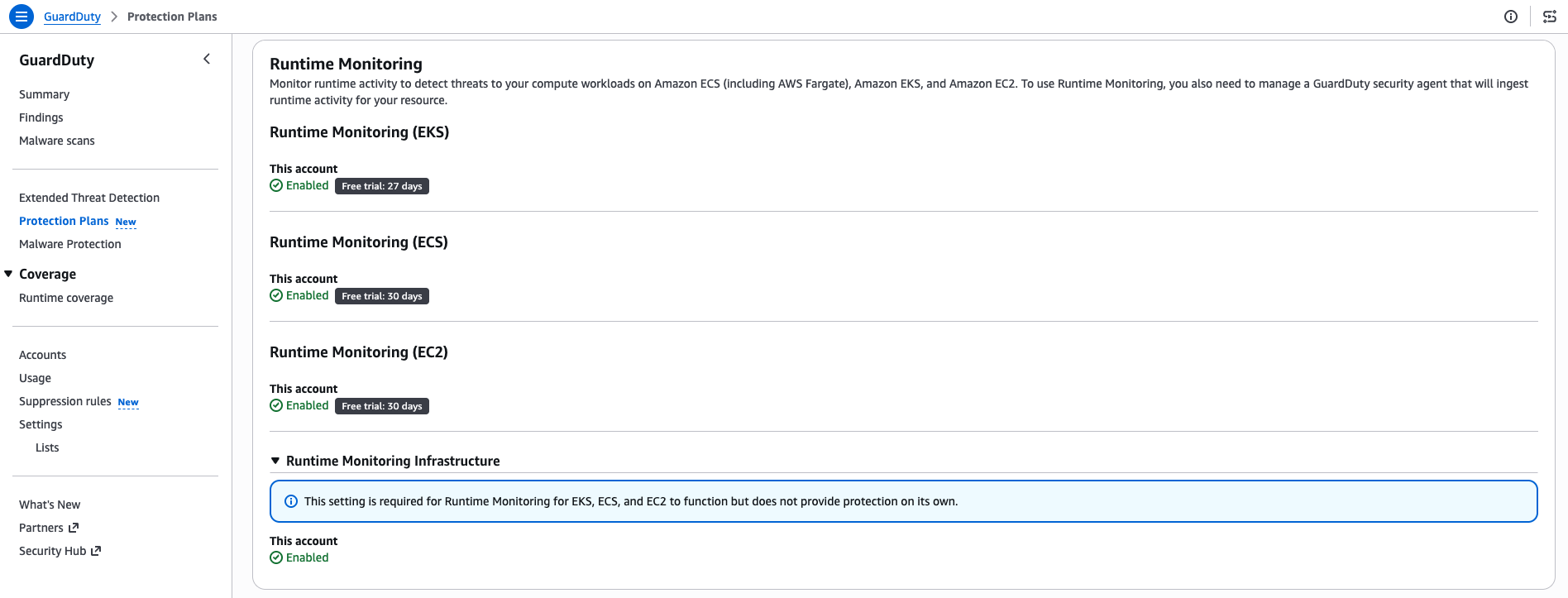 GuardDuty Runtime Monitoring protection plans showing EC2, ECS, and EKS runtime monitoring all enabled