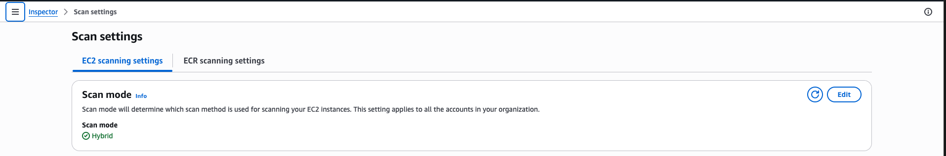 Amazon Inspector showing EC2 scanning enabled in hybrid scan mode