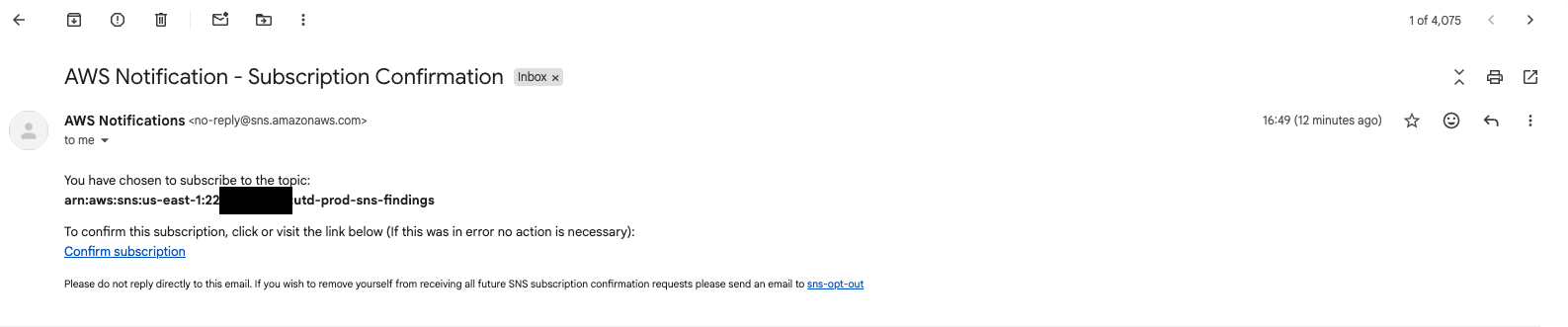 SNS subscription confirmation email from utd-prod-sns-findings topic requiring click to activate