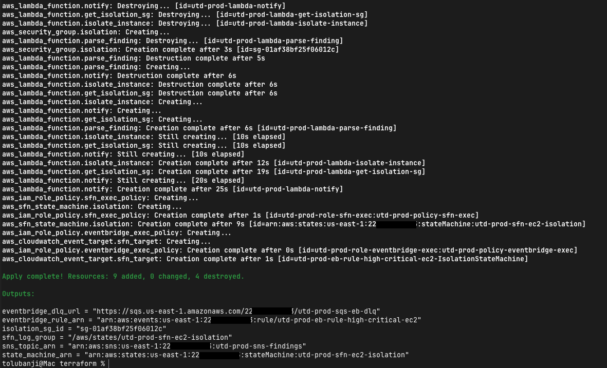 Terraform apply complete: 9 resources added, all output ARNs and IDs visible including state machine, EventBridge rule, isolation SG, SNS topic