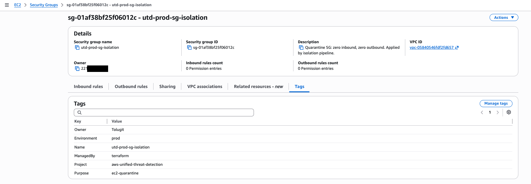 Isolation SG utd-prod-sg-isolation: 0 inbound rules, 0 outbound rules. Complete network cut