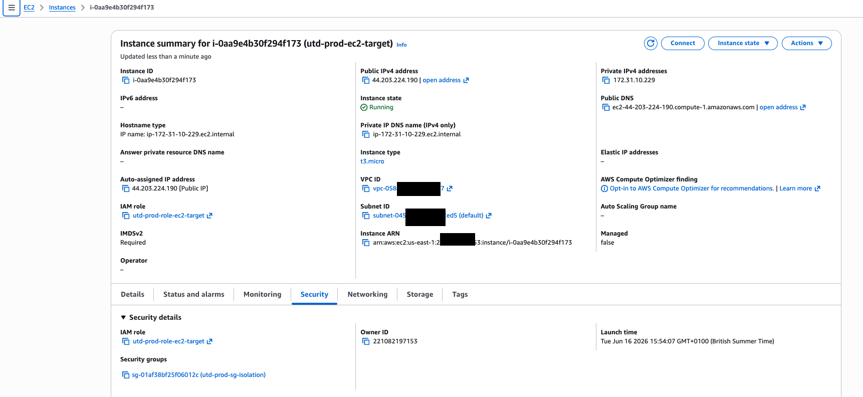 EC2 Security tab showing isolation SG utd-prod-sg-isolation now attached to i-0aa9e4b30f294f173