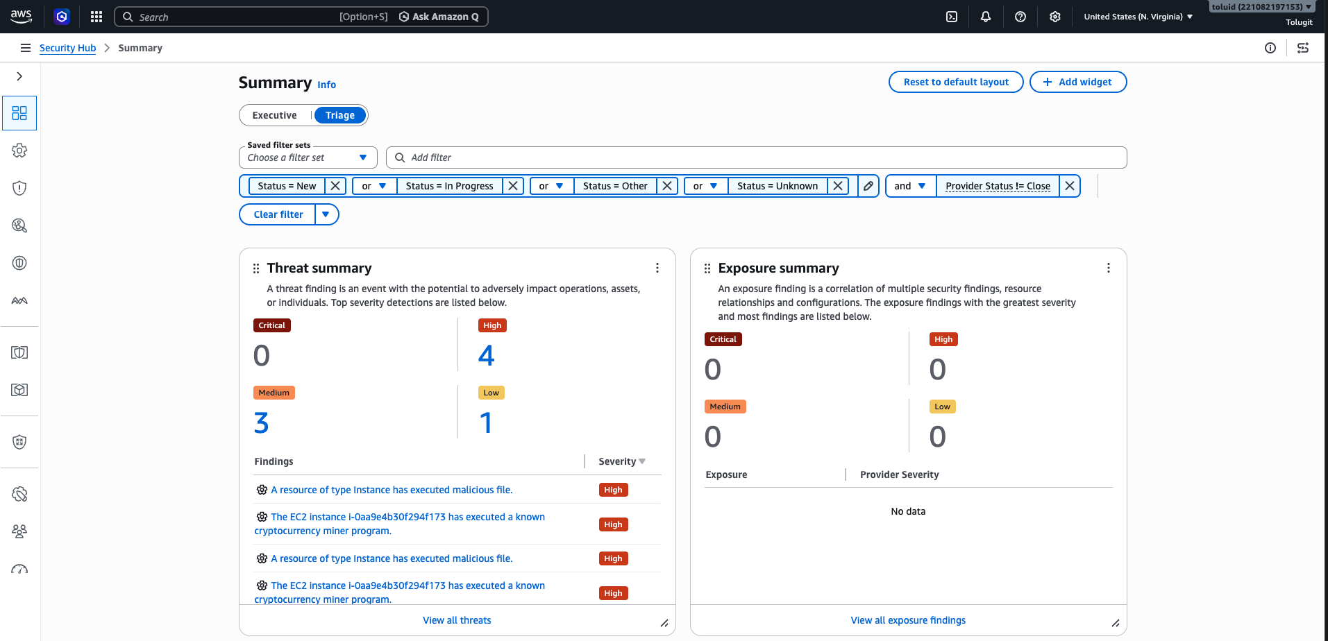 Security Hub threats view showing GuardDuty crypto-miner finding for i-0aa9e4b30f294f173 aggregated in the dashboard