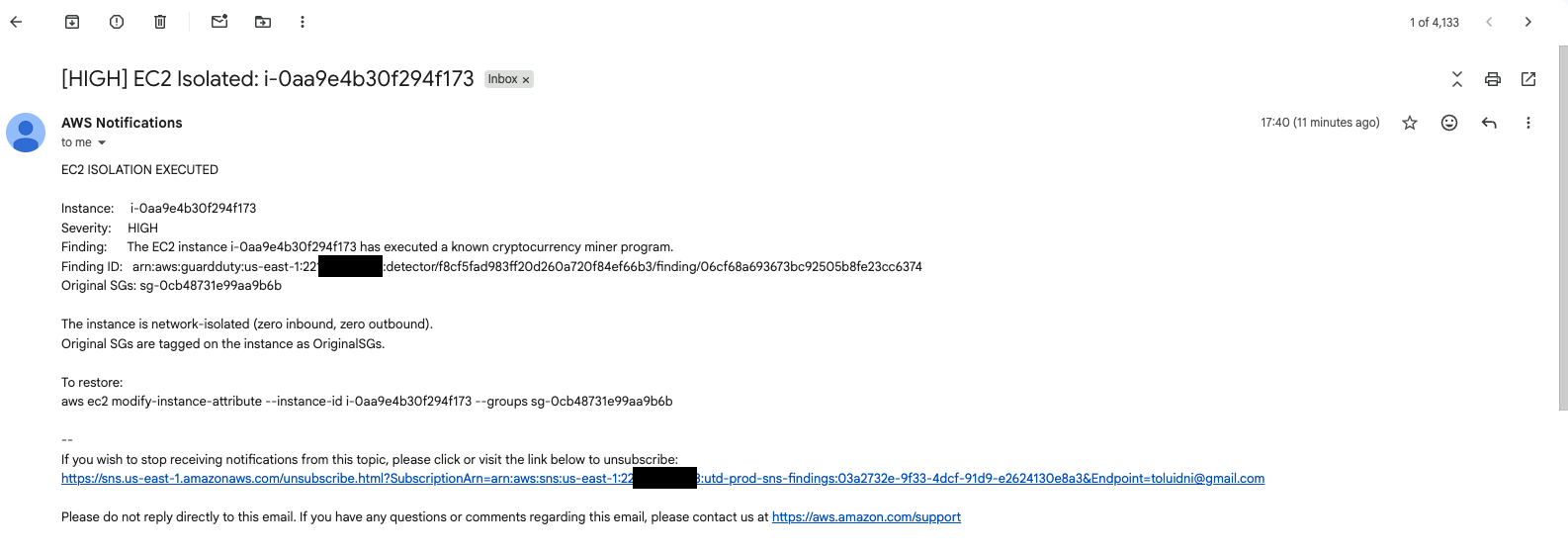 Gmail: [HIGH] EC2 Isolated: i-0aa9e4b30f294f173: body shows finding title, original SG, and restore command