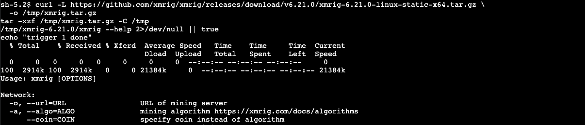 SSM Session terminal: xmrig archive downloaded, extracted, and executed with --help flag; trigger 1 done