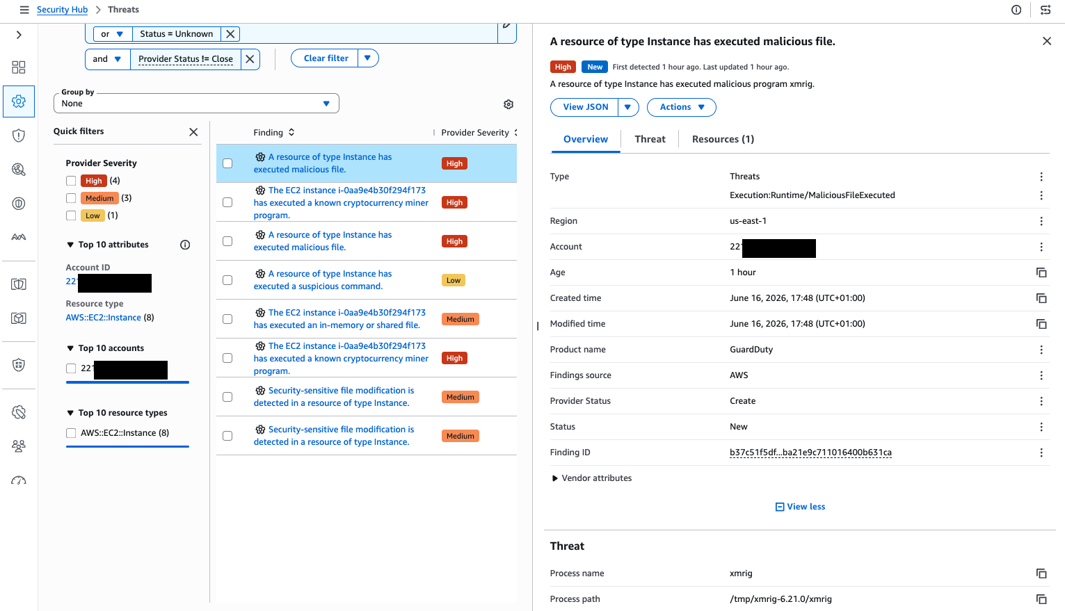 Security Hub finding detail: GuardDuty product, Execution:Runtime/MaliciousFileExecuted type, xmrig process path visible, correctly routed via fixed EventBridge filter